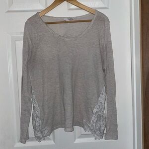 Charming Charlie Taupe Long Sleeve Scoop Neck Top with Lace Side Panels